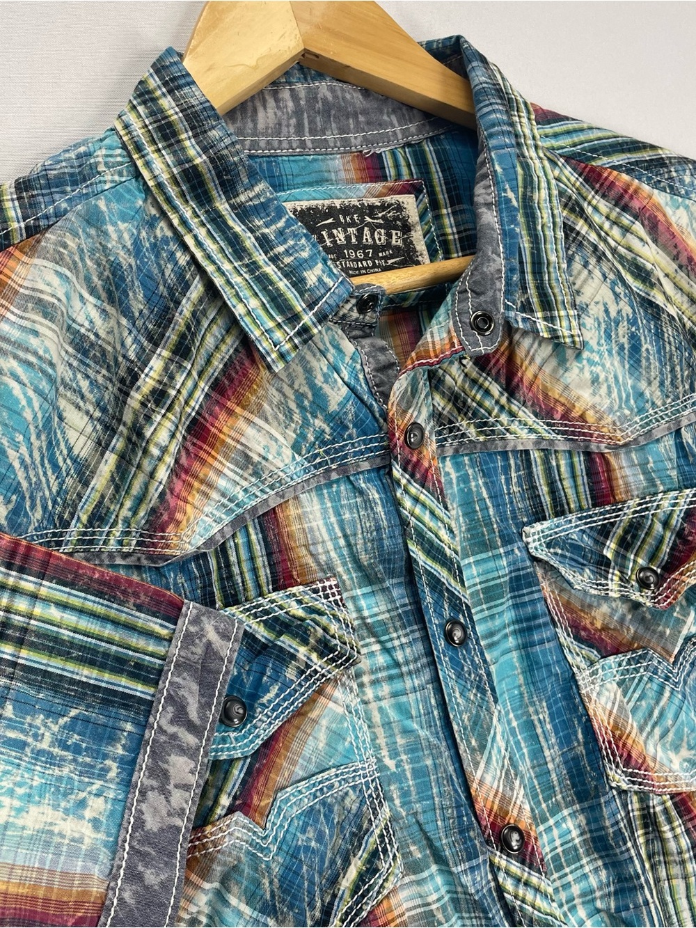 BKE Pearl Snap Shirt Men’s L Multicolor Plaid Short Sleeve Standard Fit Western